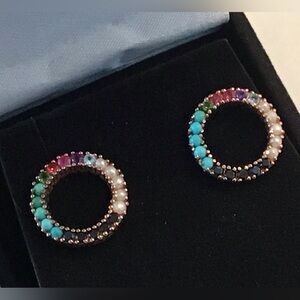TOUS 18K Rose Gold Plated Rainbow Gemstone Circle Stud Earrings